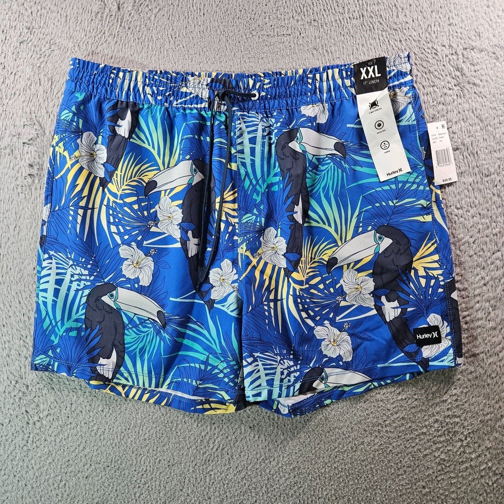 NWT Hurley Board Shorts Swim Trunks Men XXL No Liner Toucan Palm Leaf Print Blue